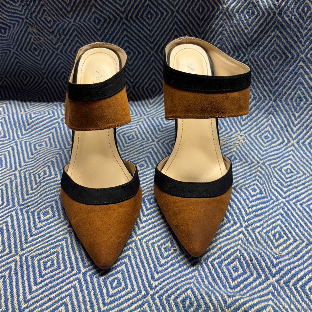 Brown and Black Pointed Toe Mules